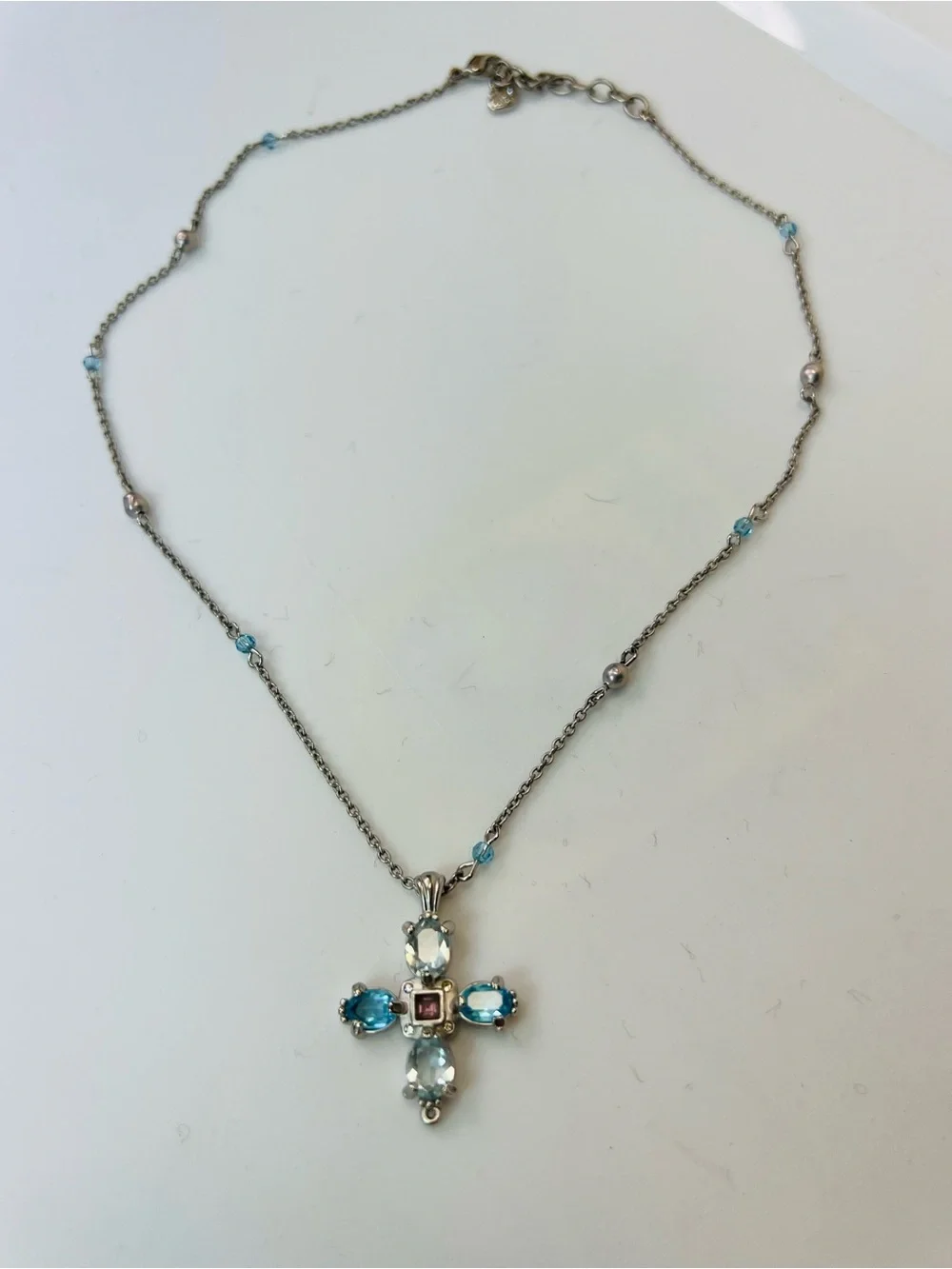Swarovski Crystal Cross Necklace Sterling Silver Blue Crystal & Pink Accent Swan